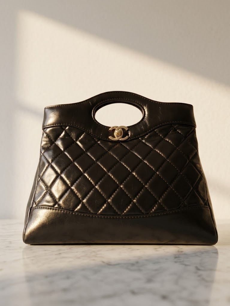 Chanel Vintage Quilted Metallic Leather Cutout Top Handle Tote Bag