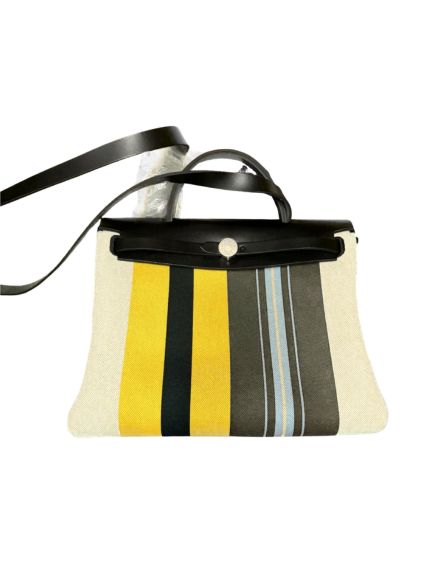 Hermès Herbag Zip 31 Striped Canvas and Black Vache Hunter Leather