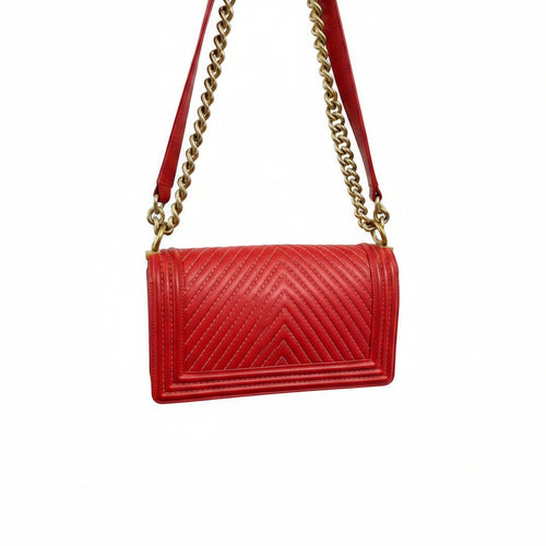 Chanel Flame Red Chevron Quilted Chain-Stitched Medium Boy Bag