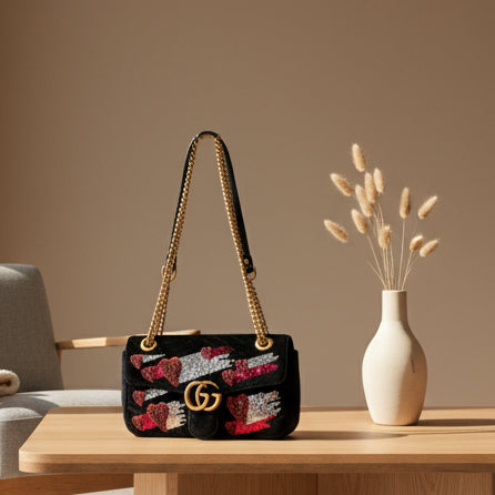 Gucci Limited Edition Black Quilted Velvet GG Marmont Small Heart Sequin Shoulder Bag