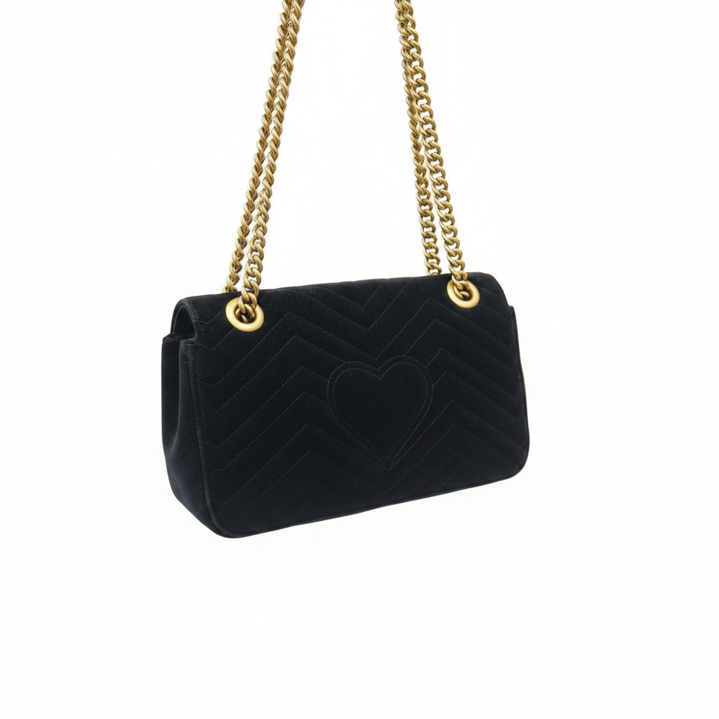 Gucci Limited Edition Black Quilted Velvet GG Marmont Small Heart Sequin Shoulder Bag