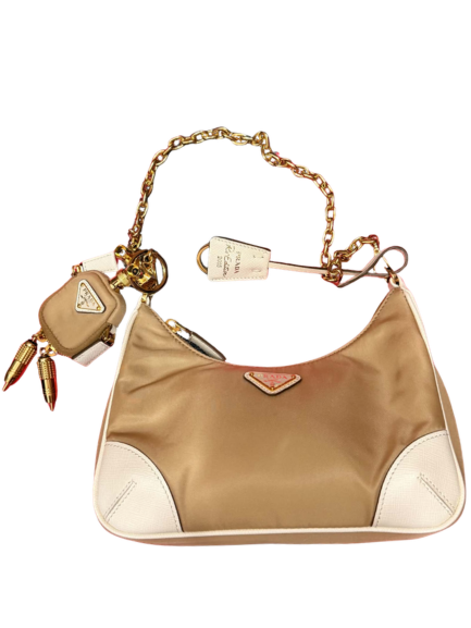 Prada Re-Edition 2005 Nylon and Saffiano Leather Chain Shoulder Bag in Beige