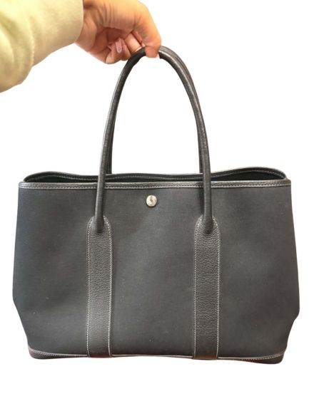 Hermès Garden Party Tote in Dark Woven Canvas and Grained Leather