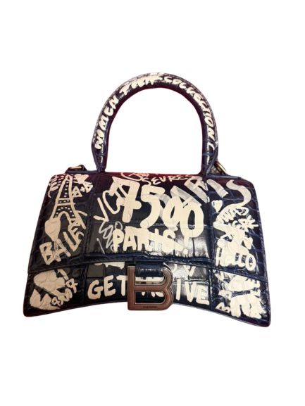 Balenciaga Hourglass Small Graffiti Crocodile-Embossed Leather Top Handle Bag