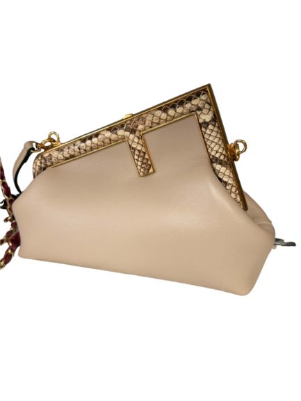 Fendi First Small Bag in Beige Nappa Leather with Python-Trimmed F Frame
