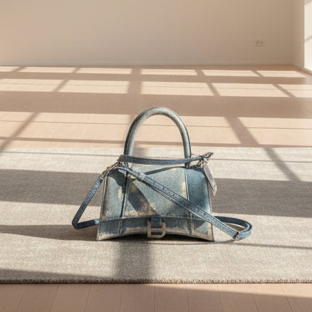 Balenciaga Denim-Print Hourglass Bag