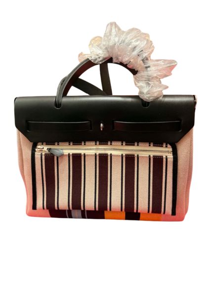 Hermès Herbag Zip 31 Striped Canvas and Black Vache Hunter Leather