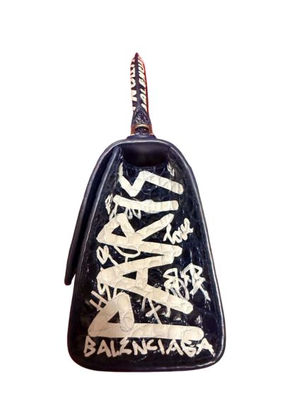 Balenciaga Hourglass Small Graffiti Crocodile-Embossed Leather Top Handle Bag