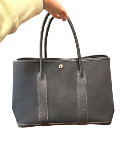 Hermès Garden Party Tote in Dark Woven Canvas and Grained Leather