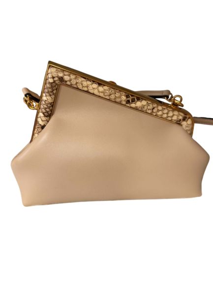 Fendi First Small Bag in Beige Nappa Leather with Python-Trimmed F Frame