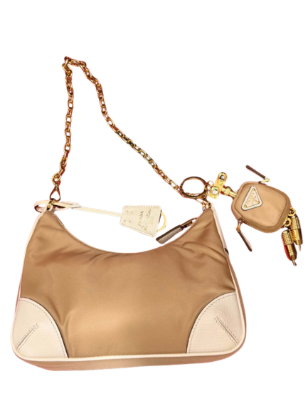 Prada Re-Edition 2005 Nylon and Saffiano Leather Chain Shoulder Bag in Beige