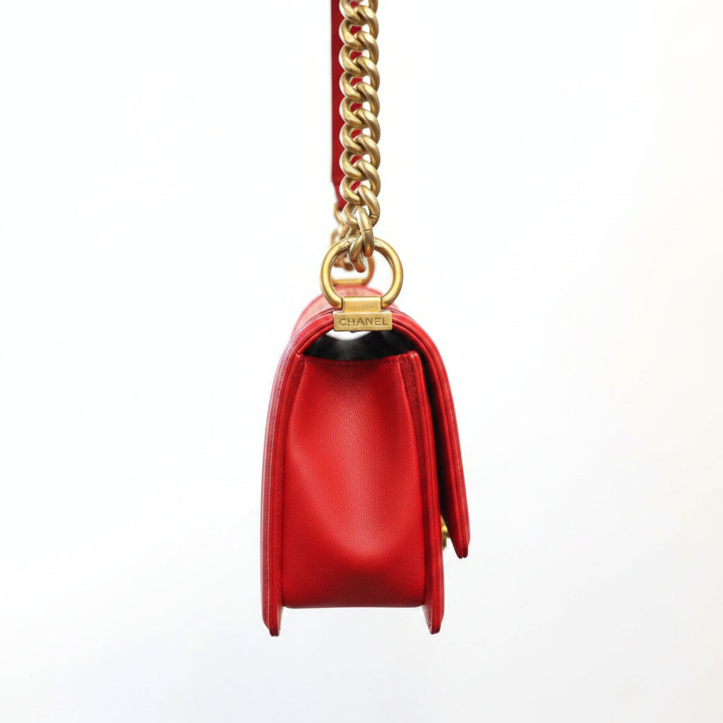 Chanel Flame Red Chevron Quilted Chain-Stitched Medium Boy Bag