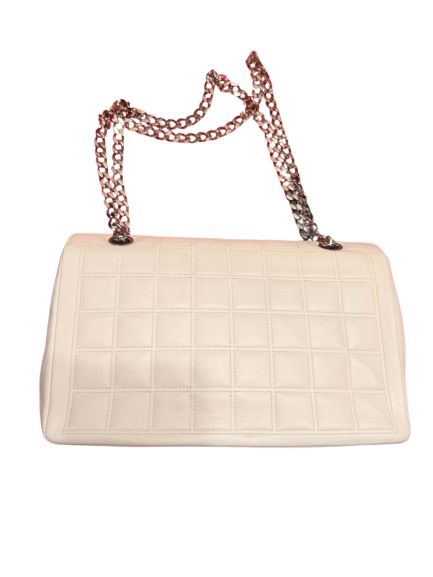 Chanel Vintage Chocolate Bar Grid Quilted Leather Shoulder Bag in Off-White