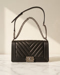 Chanel Chevron Quilted Medium Boy Flap Bag in Black Leather