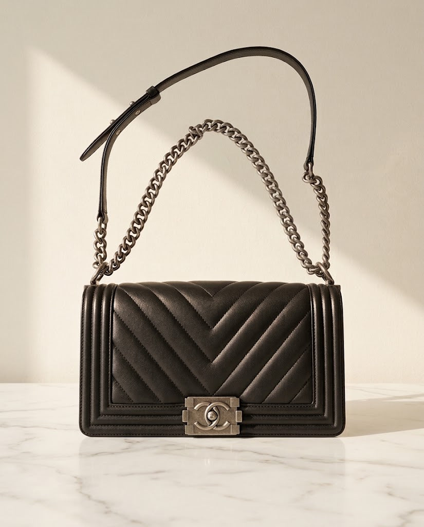 Chanel Chevron Quilted Medium Boy Flap Bag in Black Leather