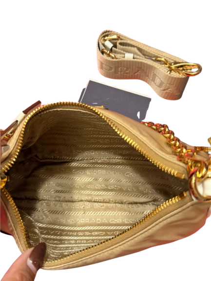 Prada Re-Edition 2005 Nylon and Saffiano Leather Chain Shoulder Bag in Beige