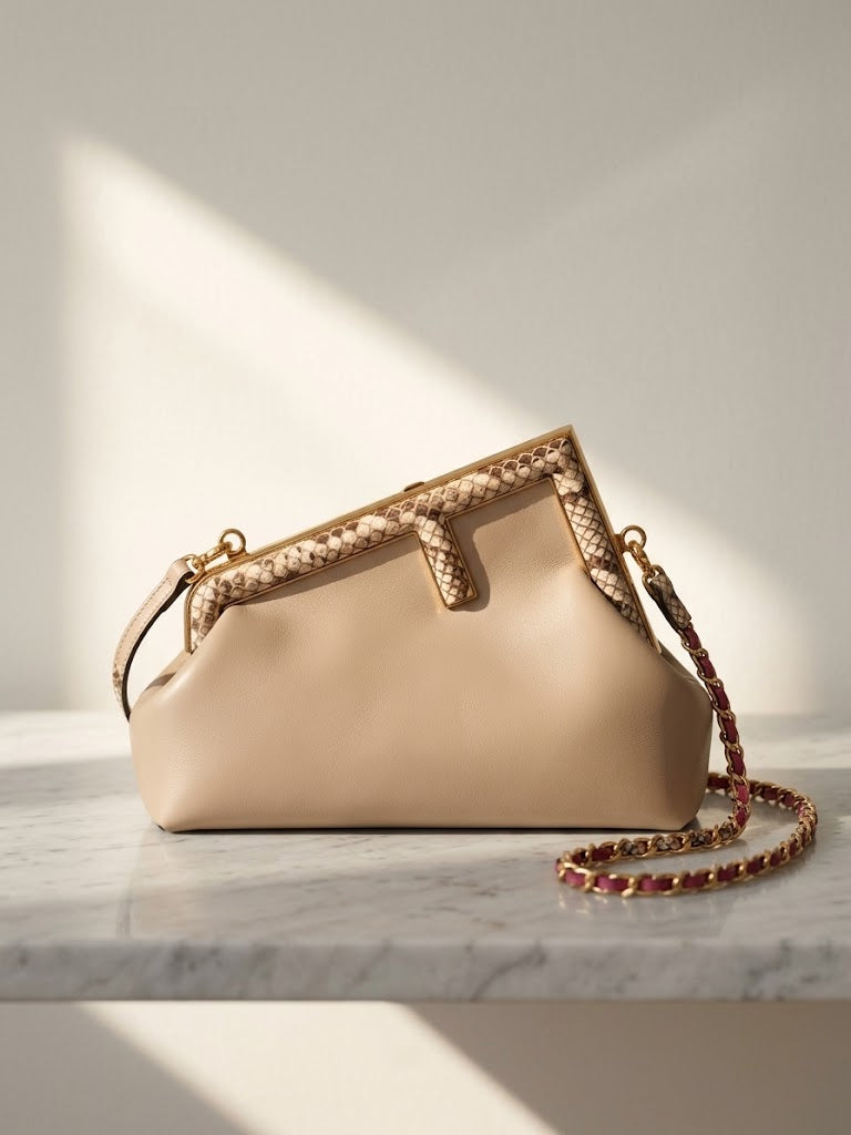 Fendi First Small Bag in Beige Nappa Leather with Python-Trimmed F Frame