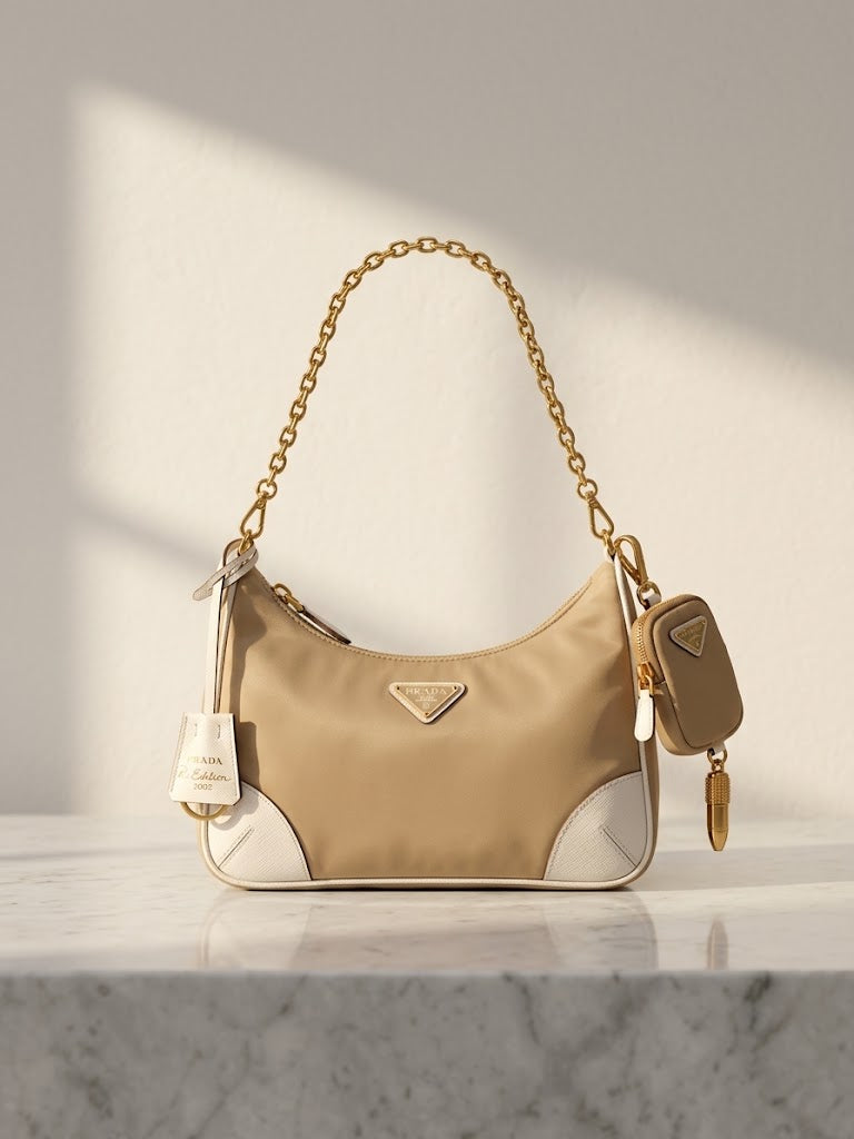 Prada Re-Edition 2005 Nylon and Saffiano Leather Chain Shoulder Bag in Beige