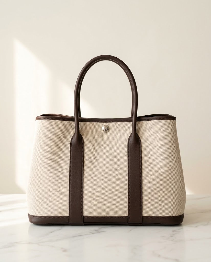 Hermès Garden Party 36 Tote in Natural Toile Canvas and Dark Brown Leather