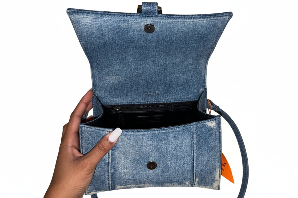 Balenciaga Denim-Print Hourglass Bag