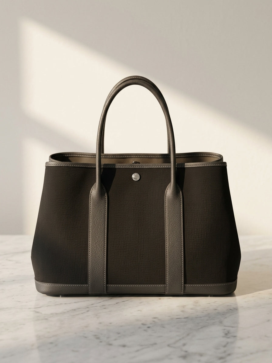 Hermès Garden Party Tote in Dark Woven Canvas and Grained Leather