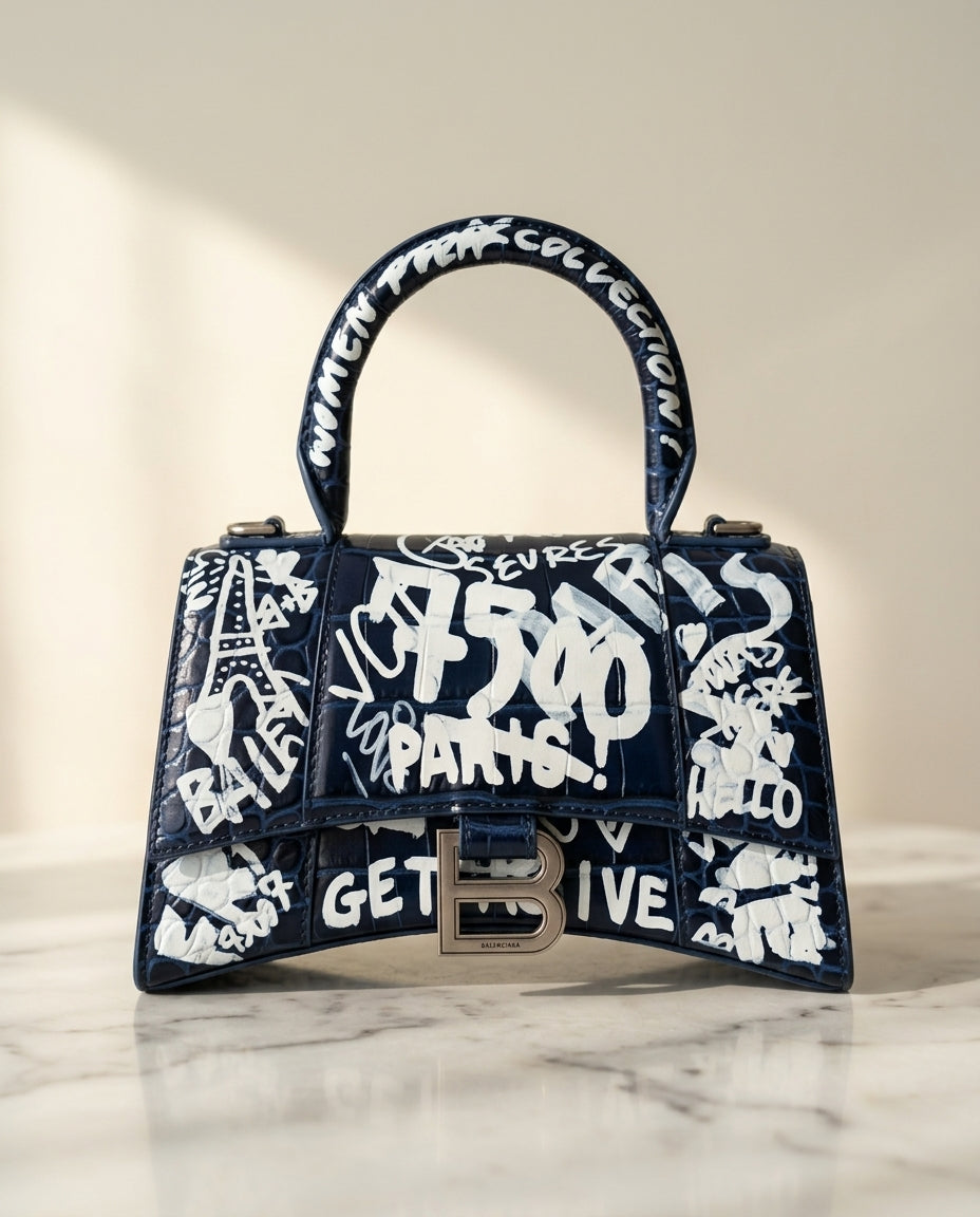 Balenciaga Hourglass Small Graffiti Crocodile-Embossed Leather Top Handle Bag