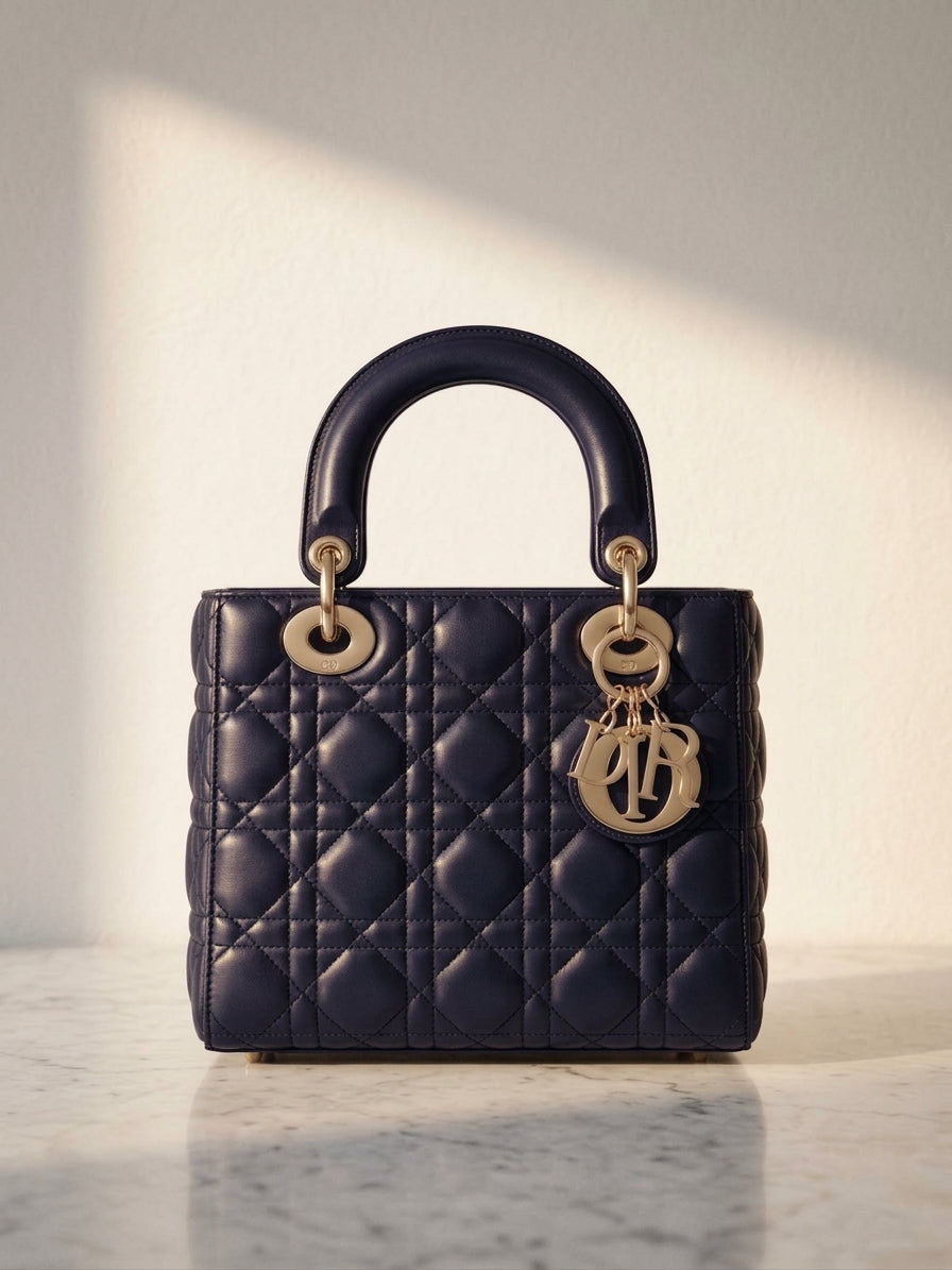Lady Dior Medium Cannage Quilted Lambskin Bag in Dark Blue