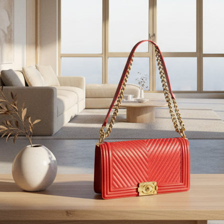 Chanel Flame Red Chevron Quilted Chain-Stitched Medium Boy Bag