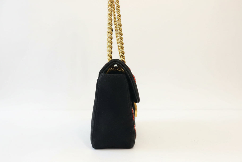Gucci Limited Edition Black Quilted Velvet GG Marmont Small Heart Sequin Shoulder Bag