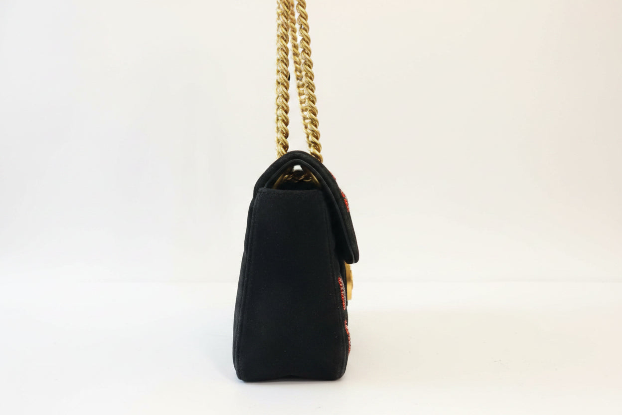 Gucci Limited Edition Black Quilted Velvet GG Marmont Small Heart Sequin Shoulder Bag